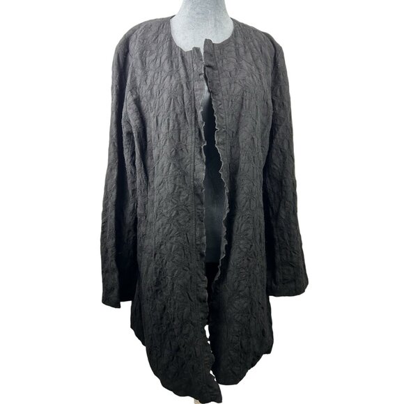 Eileen Fisher Womens Jacket Large Crinkle 100% Wool Black Cardigan long langenlo - Picture 15 of 16